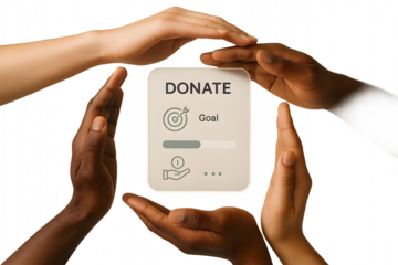 Concept image of community fundraising with a transparent digital interface. Great for nonprofits, crowdfunding platforms, social impact reports, and fintech campaigns.