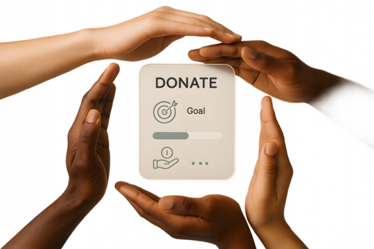 Concept image of community fundraising with a transparent digital interface. Great for nonprofits, crowdfunding platforms, social impact reports, and fintech campaigns.