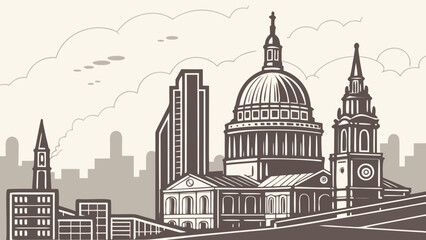 Illustration of a cityscape with various buildings including a cathedral and modern skyscraper