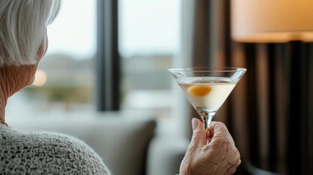 A senior Caucasian woman with short gray hair holds a martini glass containing a miso cocktail with an olive. Soft lighting and a cozy interior are visible.