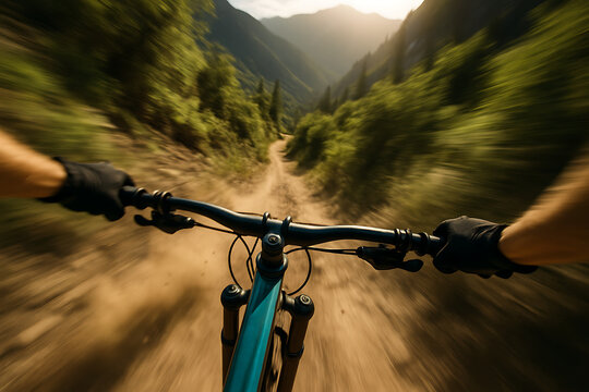 Thrilling First-Person Mountain Biking Adventure Downhill on a Forest Trail