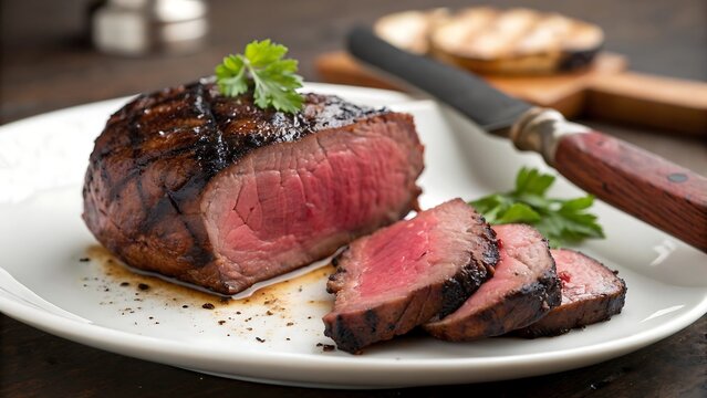 Juicy grilled steak on white plate, a delicious culinary experience, perfect for restaurant menus or food blogs, offering a taste of summer grilling and gourmet dining