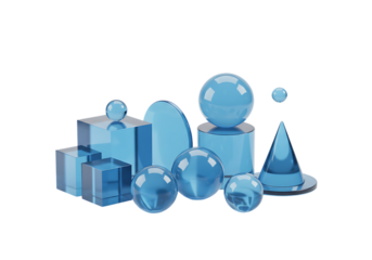 Composition of blue glass shapes isolated on transparent background, a 3d render