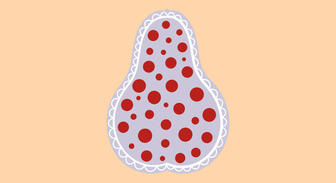A stylized pear-shaped object with red polka dots and a white lace border on a peach background, presented as a graphic design.