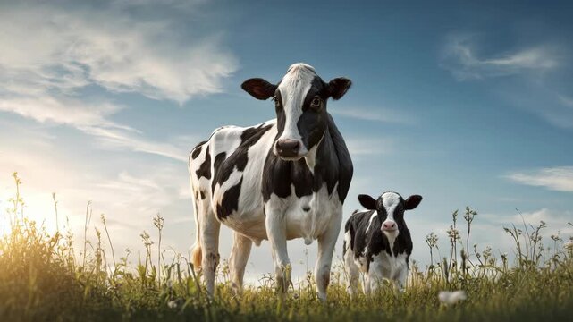 Holstein cows grazing in a sunlit pasture with blue sky and clouds
