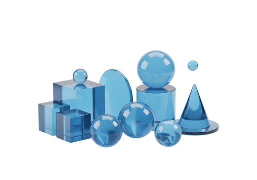 Composition of blue glass shapes isolated on transparent background, a 3d render