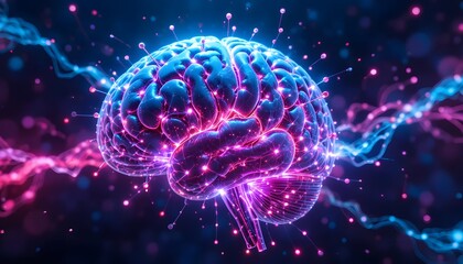 Futuristic Neon Brain with Abstract Digital Network and Technology Elements