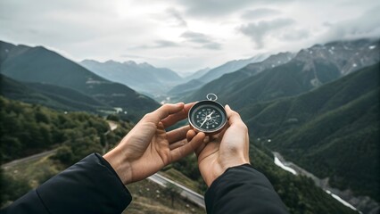 Close-up of hands holding a compass against panoramic mountain landscape, outdoor adventure navigation concept