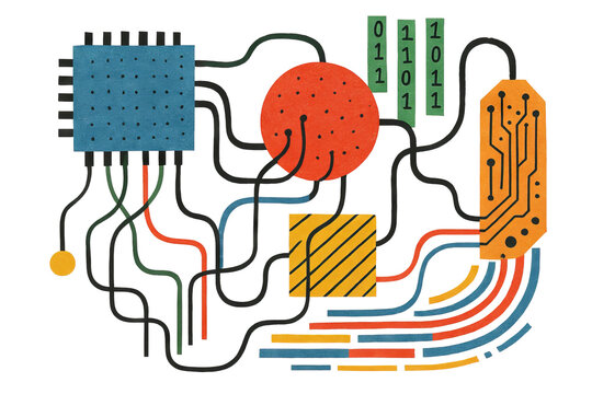 Png digital collage of abstract circuit elements with binary code isolated on transparent background. concept of technology design, electronic components, digital innovation art.