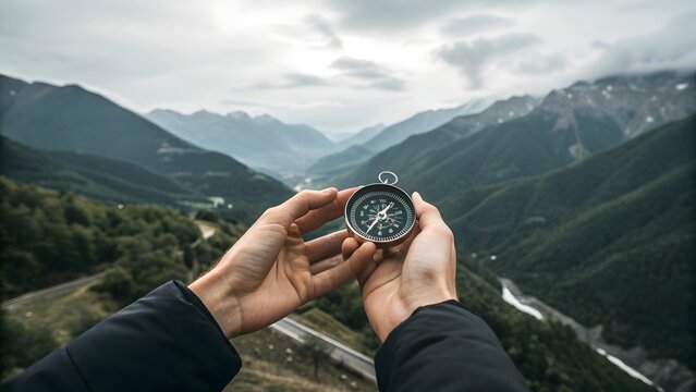 Close-up of hands holding a compass against panoramic mountain landscape, outdoor adventure navigation concept