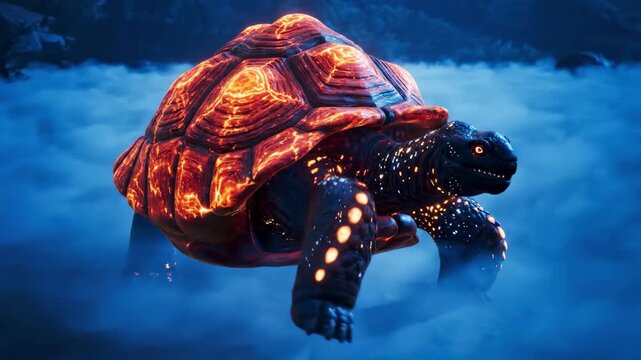 Mystical glowing turtle swimming through ethereal blue mist in a dreamlike underwater world.