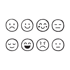 Funny cartoon yellow smiley face icons and symbols set showing various facial expressions