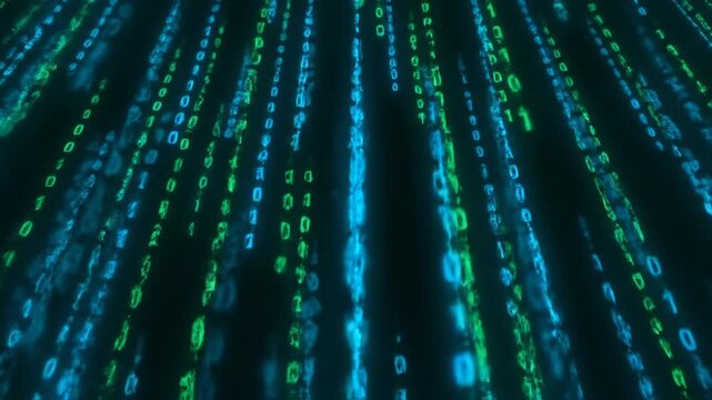 Abstract digital binary code streams glowing blue and green colors create dynamic data flow pattern with futuristic technology and abstract digital