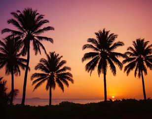 palm tree silhouette at sunset. Silhouette of palm trees at tropical sunrise or sunset