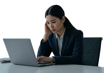Worried businesswoman working on laptop isolated on transparent background