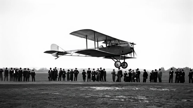 Historic biplane takeoff amidst enthusiastic crowd witnessing aviation milestone