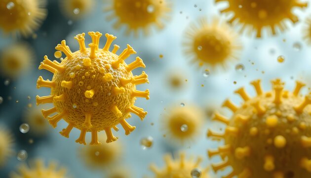 Microscopic Close-Up of Yellow Virus Particles in Fluid on Blurred White Background