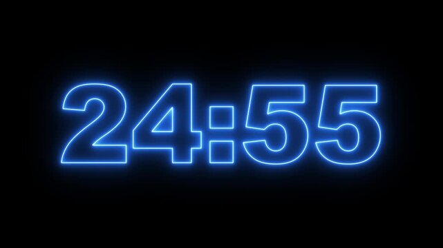 glowing neon 25 minute Countdown. neon 25 to 24 minute Countdown timer on black background. neon Countdown timer from 25 minute to 24 minute suitable for presentations, educational.