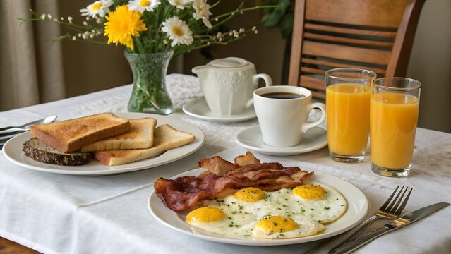 Enjoy a delicious breakfast featuring sunny-side up eggs, crispy bacon, golden toast, fresh orange juice and hot coffee on a bright morning, perfect for a cozy weekend brunch