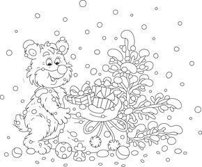 Funny bear with a beautiful sack full of holiday gifts near a small snow-covered fir on a snowy winter day, black and white outline vector cartoon illustration for a coloring book