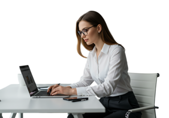 Focused businesswoman working on laptop isolated on transparent background
