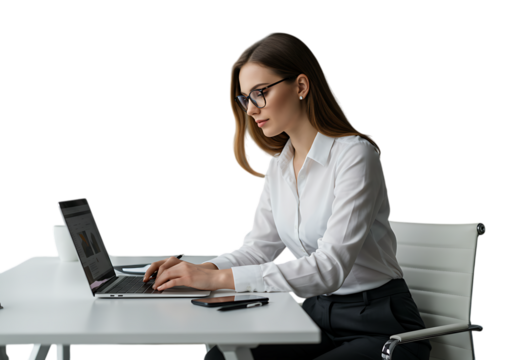 Focused businesswoman working on laptop isolated on transparent background