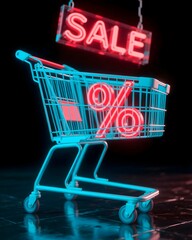 Shopping cart holding neon 3D red percent symbol, with glowing SALE sign above on dark background