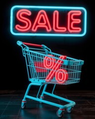 Shopping cart carries red percentage symbol under neon SALE sign on black background