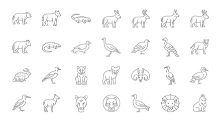 Collection of animal icons in outline style, including bear, crocodile, deer, rabbit, turkey, eagle, lion, and other wildlife.