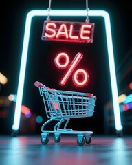 Shopping cart under red neon 'SALE' and percentage signs on dark background