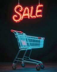Red neon "SALE" sign glows above shopping cart on dark reflective floor