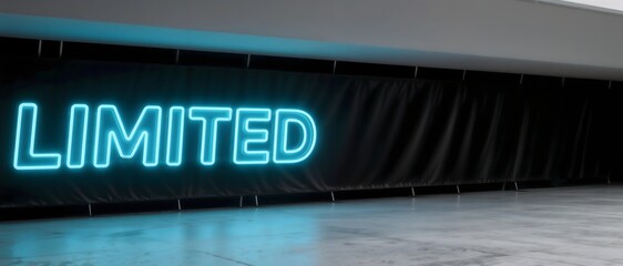 Blue neon “LIMITED” text on black fabric banner in empty showroom with concrete floor
