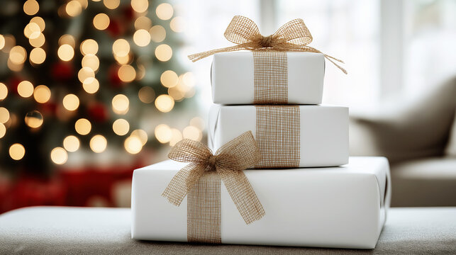 Stack of white wrapped Christmas presents on ottoman, bokeh lights of Christmas tree in background