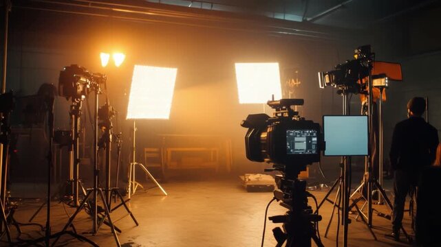 Behind the Scenes: A film set comes to life, a symphony of cameras, lighting, and anticipation, preparing to capture the perfect shot.