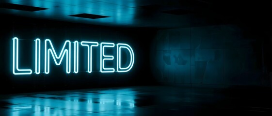 Neon word “LIMITED” glows in dark showroom, positioned left with negative space