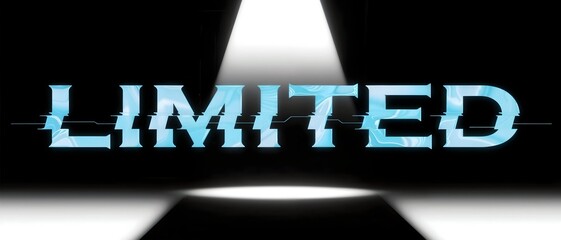 Blue word "LIMITED" with distortion effect under bright spotlight on dark stage