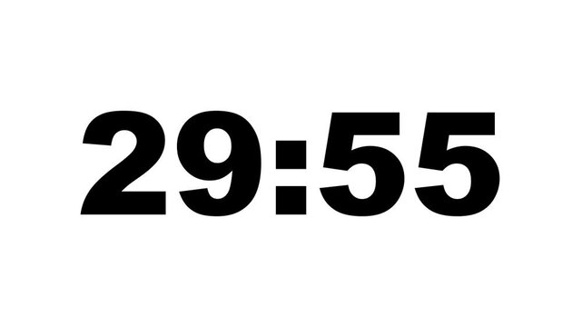 30 minute Countdown timer. 30 to 29 minute Countdown timer on white background. Countdown timer from 30 minute to 29 minute suitable for presentations, educational.