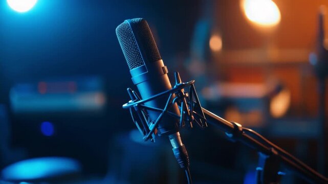 Microphone Ready: The image captures a detailed shot of a studio microphone, its sleek design highlighted in a softly illuminated environment, ready for the artist's voice.