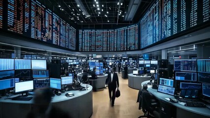 Busy stock market trading floor full of screens, showing finance, investment, data and fast activity inside modern global business. - Powered by Adobe
