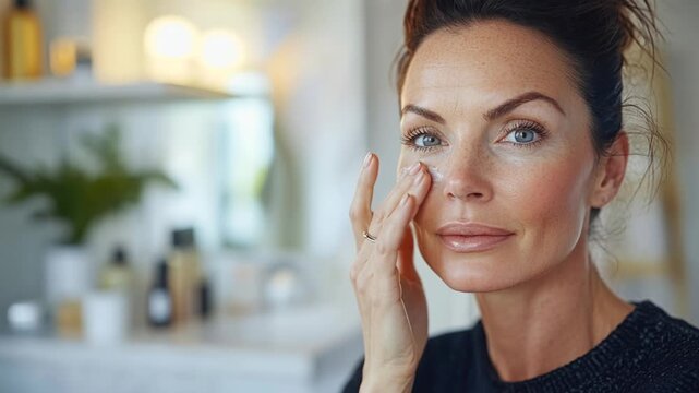 A middle-aged Caucasian woman with long brown hair applies beef tallow moisturizer to her face. The background features skincare products on a shelf.