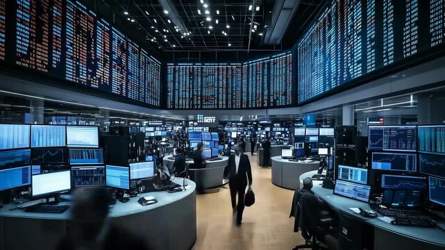 Busy stock market trading floor full of screens, showing finance, investment, data and fast activity inside modern global business.