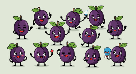 Obraz premium Cartoon Plum Character Set Cheerful Fruit Icons for Design Projects