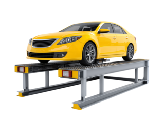 Yellow car on vehicle lift isolated on transparent or white background, png
