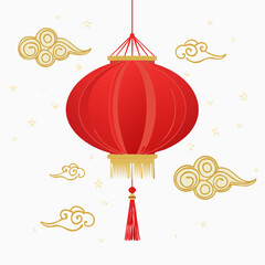 A vibrant red Chinese lantern suspended with decorative clouds and stars.