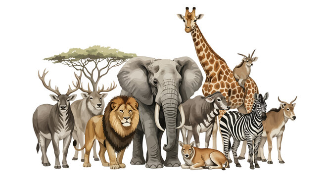 A diverse group of wild animals from the African savanna and beyond, a realistic fauna illustration from the whisk_jc0wh0_via_RJ_Whisk_Auto.ai collection