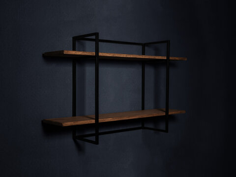Modern wall shelf made of wood and metal on a dark background, made in loft and garage style