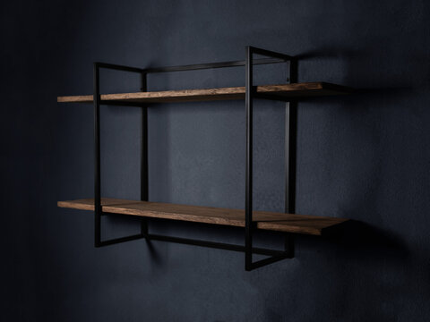 Modern wall shelf made of wood and metal on a dark background, made in loft and garage style