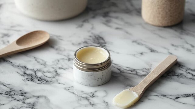 A small jar of beef tallow moisturizer sits on a marble surface. A wooden spoon rests beside it. Natural skincare products are displayed in a minimalist style.