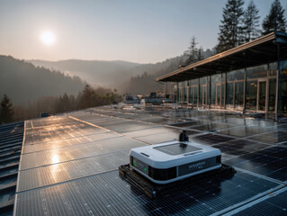 Aerial view of cleaning robot on pitched roof solar panels with wet stripe and ridge anchor