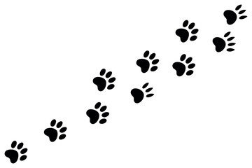 A trail of paw prints follows a diagonal path across a white background.
